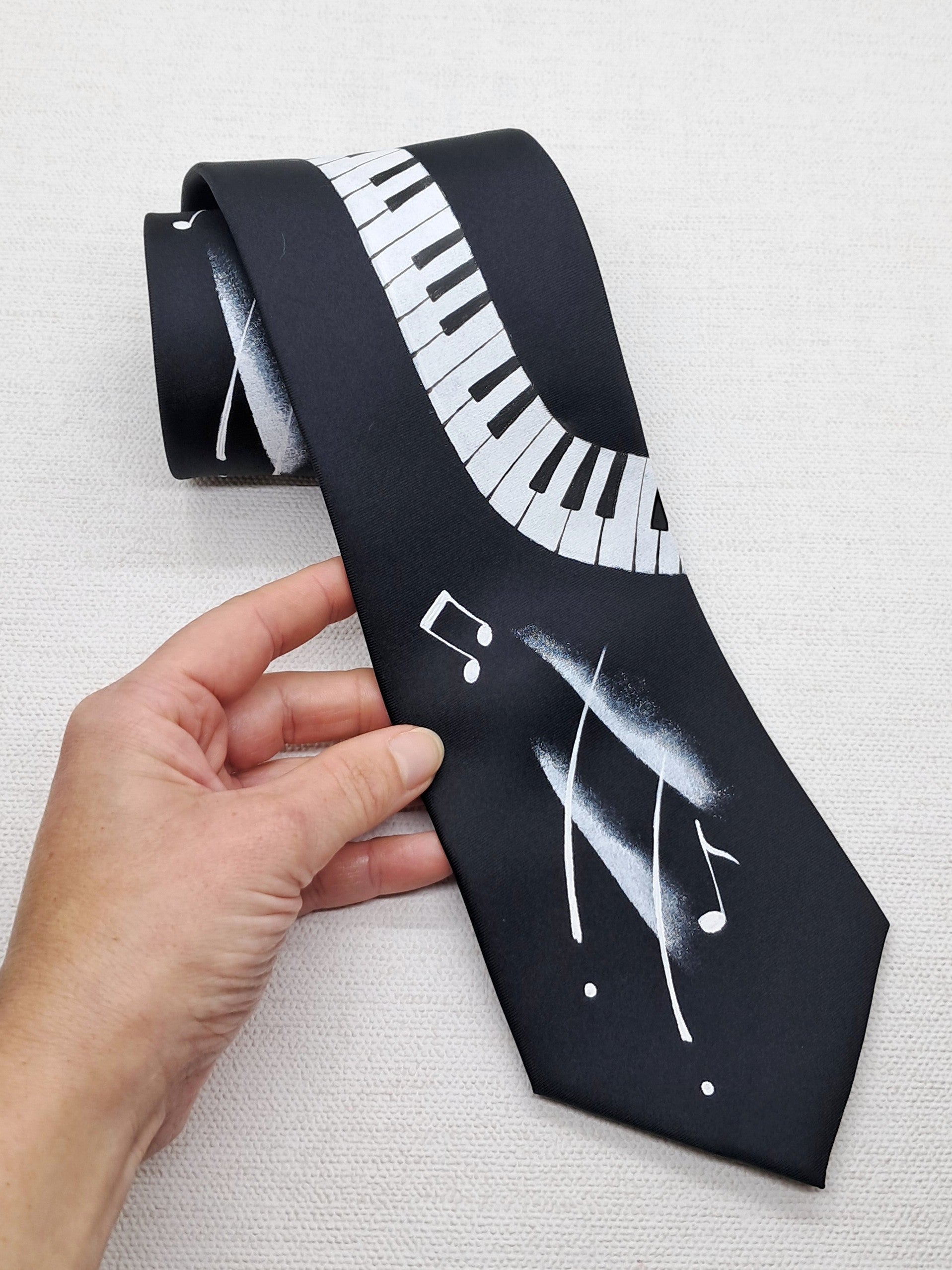 Hand painted silk black and white piano key necktie