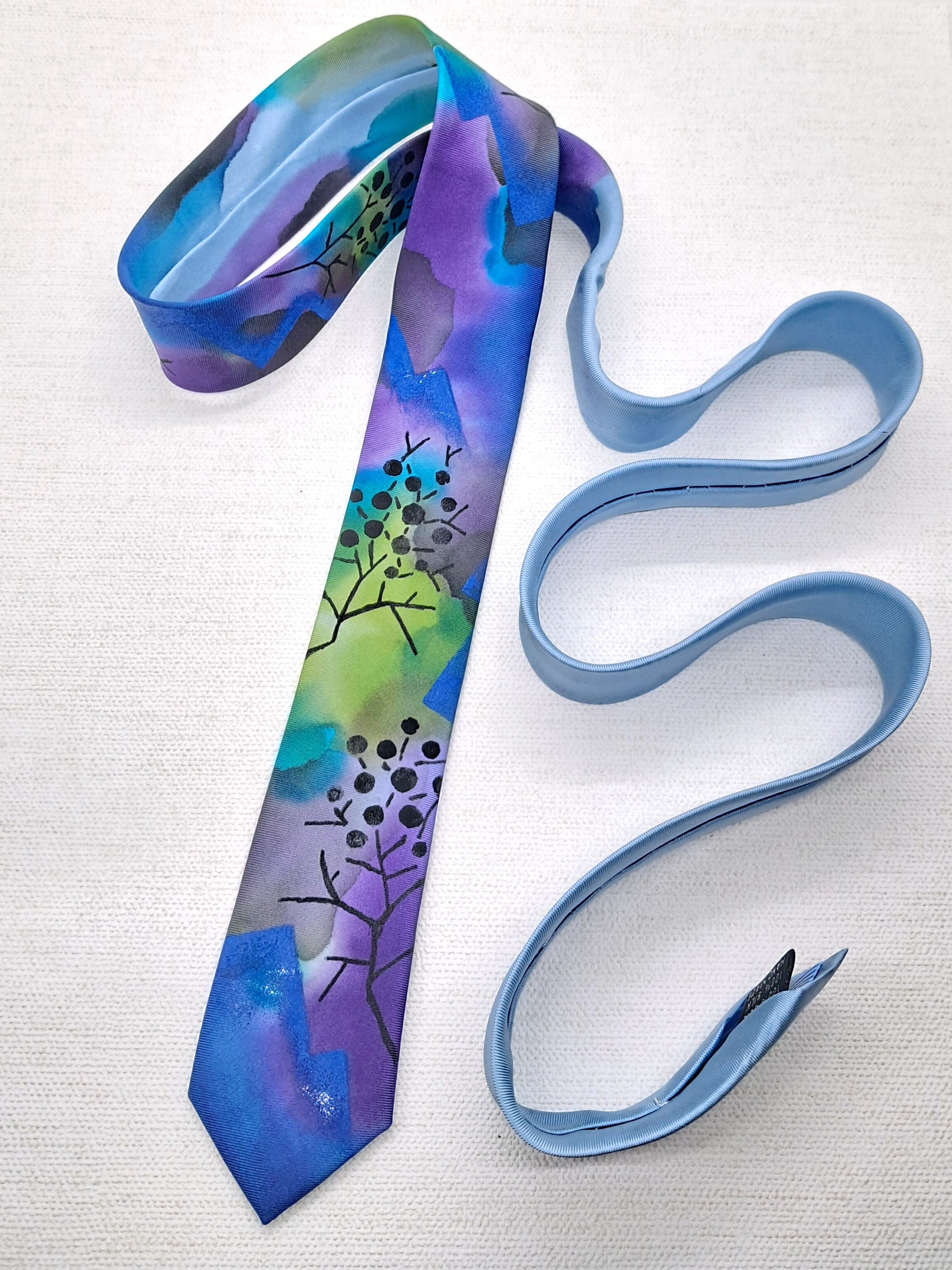 Hand painted blue botanical tree necktie