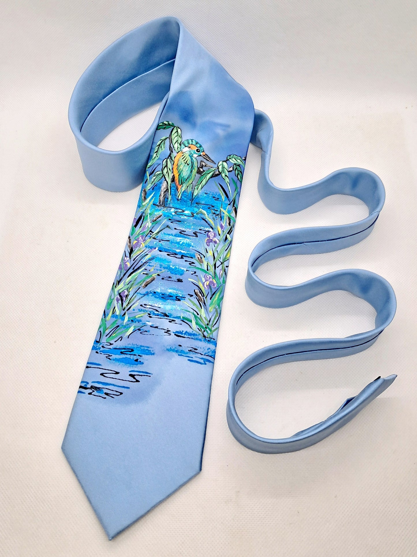 Hand painted blue bird tie