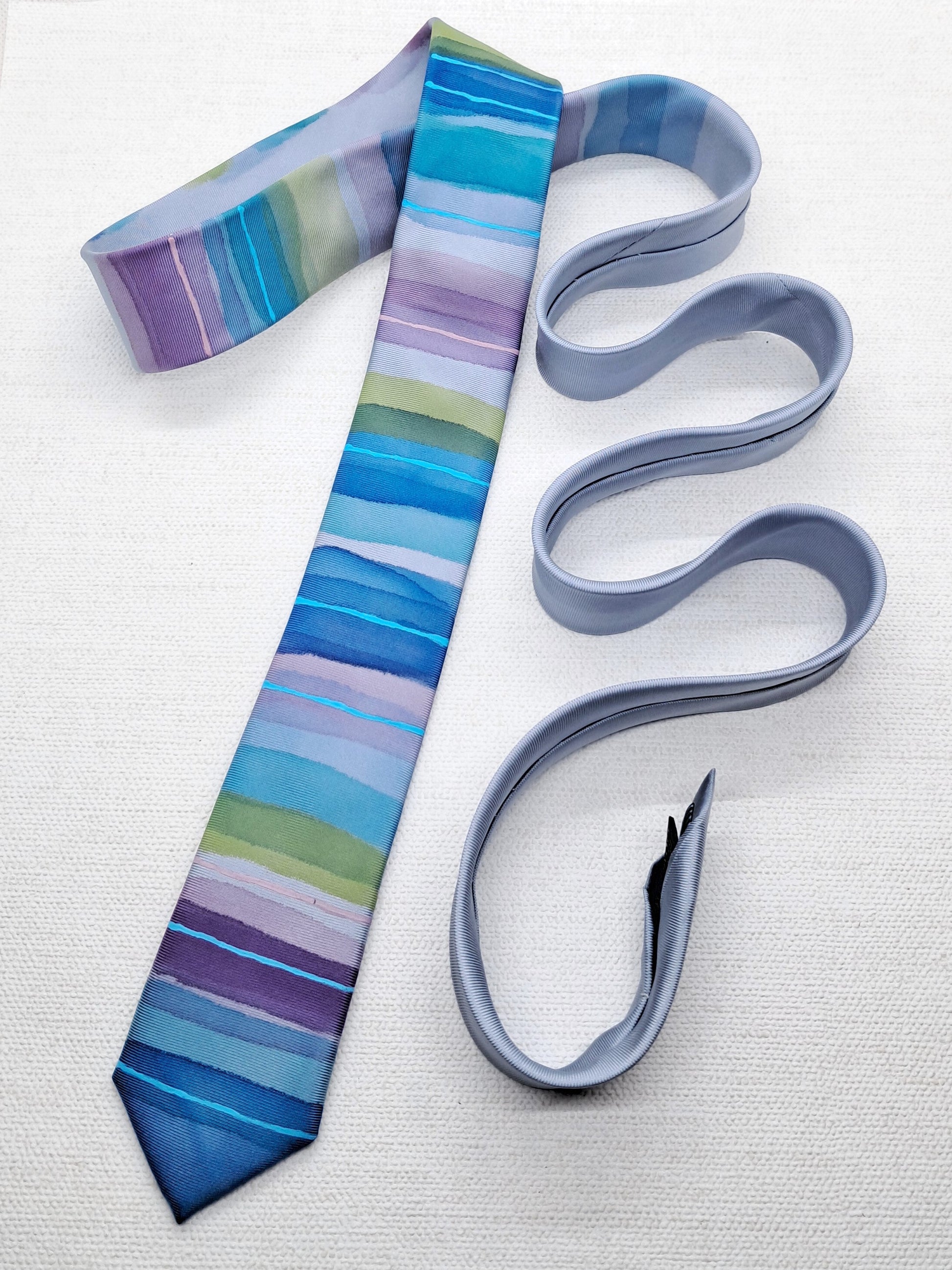 Hand painted silk blue striped tie